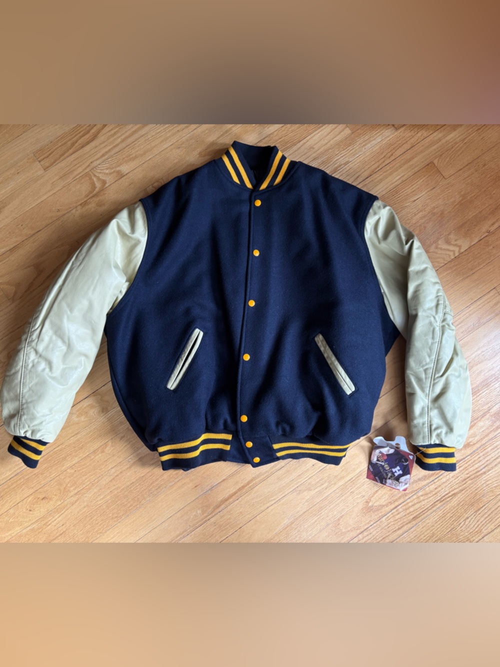 Holloway Navy and Cream Varsity Jacket with Yellow Trim